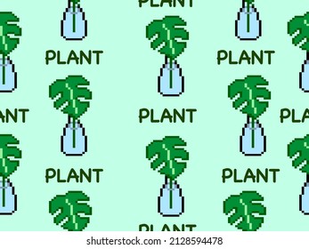 Plant cartoon character seamless pattern on green background.Pixel style