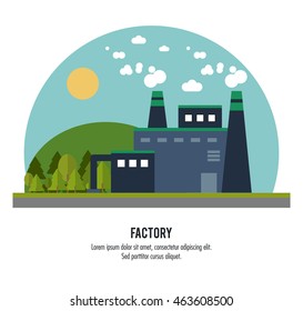 Plant circle trees sun building chimney factory industry icon. Flat and Colorfull illustration. Vector graphic