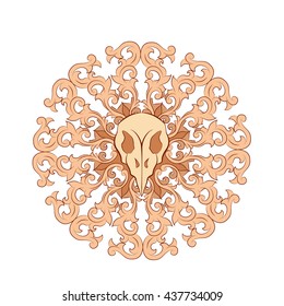 Plant circular ornament in semi-antique sepia, with a bird's skull in the center. A vector element for design