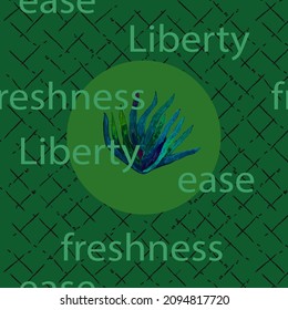 Plant with colorful leaves in a green circle, lattice, text on a green background, vector pattern, suitable for fabric, paper textiles, for children