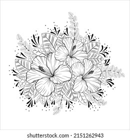 Plant composition. Drawn beautiful flowers in line art style. Vector graphics. Linear drawing of blooming flowers on a white background.