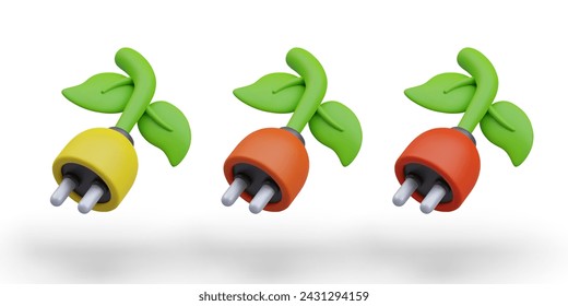 Plant is connected to electric plug. Save ecology. Set of vector 3D illustrations