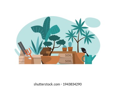 Plant corner with gardening equipment, vector illustration