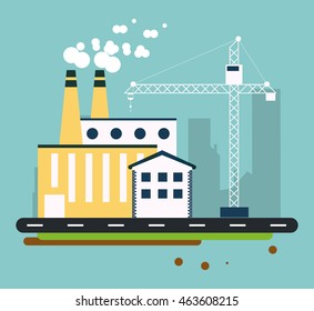 Plant crane street building chimney factory industry icon. Flat and Colorfull illustration. Vector graphic