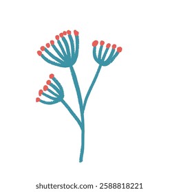 Plant crayon drawn. Spring grass doodle isolated on white background. Summer floral kids element. Chalk or pastel style childish wildflower nature shape. Vector naive illustration by pencil.