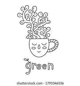 Plant in a cup. Black and white vector illustration.