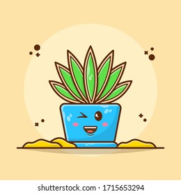 Plant Cute on Pot Vector Illustration. Cute Kawaii Plant Icon Concept. Flat Cartoon Style Suitable for Sticker, Wallpaper, Icon, etc.