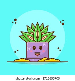 Plant Cute on Pot Vector Illustration. Cute Kawaii Plant Icon Concept. Flat Cartoon Style Suitable for Sticker, Wallpaper, Icon, etc.