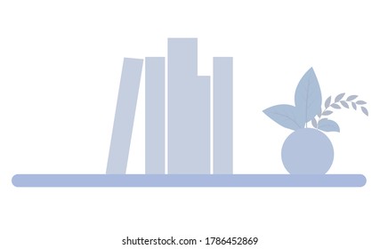 Decoración de plantas para vectores interiores, libros y archivos con planta de casa aislada en olla. Silueta gris monocroma de flores y libros de texto de estilo plano