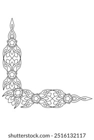 Vinheta de canto decorativo vegetal com gemas - modelo linear vetorial para design de texto ou imagem. Contorno. Ornamento de canto para decoração