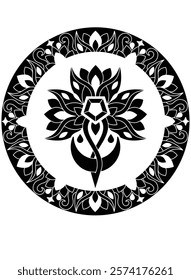 Plant decorative element with crystal and crescent moon in round frame - vector silhouette for stencil. Magic of plants and crystals, image of leaves and flowers for laser cutting