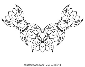 Plant decorative element with crystals - vector linear picture for coloring in a magical, elven style. Outline. Plant fragment for creating ornaments, template for creativity.