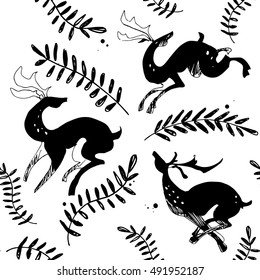 Plant and deers black ink pattern