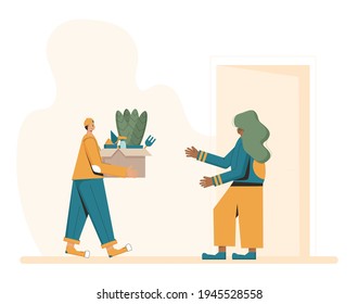 Plant delivery. Courier with box with potted flowers and garden tools in his hands and customer under home door. Vector flat illustration. 
