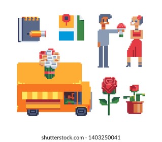 Plant delivery icons set. Floral workshop. Logo for flower store, site. Pixel art. Women's Day, Mother's Day. 8 March,  Valentine's day or wedding. Isolated vector illustration. 