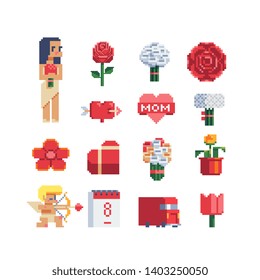 Plant delivery icons set. Floral workshop. Pixel art. Design greeting card International Women's Day, Mother's Day. 8 March or wedding. Logo for flower store, site. Valentine's day. Isolated vector. 