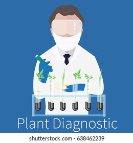 Plant Diagnostic vector concept. Microbiologist studying new virus or its antidote cultivating a petri dish whit inoculation loops, beside a microscope and tools of laboratory.-stock vector