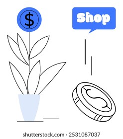 Planta con una moneda de signo de dólar, una moneda flotante y una burbuja de discurso con la palabra Tienda. Ideal para inversión, comercio electrónico, crecimiento financiero, ahorro de dinero y prosperidad económica. Vector minimalista