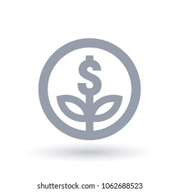 Plant with dollar symbol in circle outline. Financial business growth icon. Money investment success sign. Vector illustration.