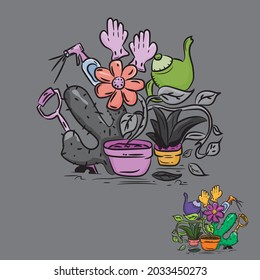 plant doodles on dark background. illustration vector of flower, watering, leaves, plant tools. good to use for room decoration.
