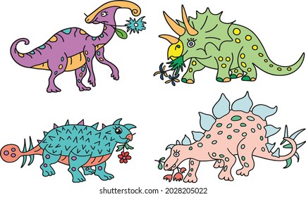 Plant eating girl dinosaurus are smiling and holding flowers in mouth