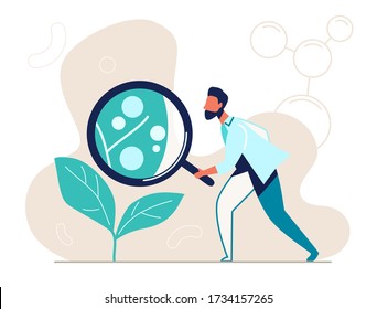 Plant ecology research. Biochemical science laboratory staff. Performing various experiments and analysis. Flat isolated vector illustration