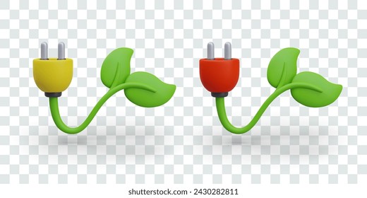 Plant with electric plug. Natural energy, bio power. Set of vector objects of different colors