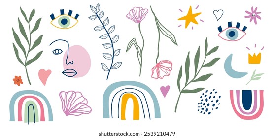 Plant elements, crown, face, flowers and leaves. Hand drawing, flat style. eps 10