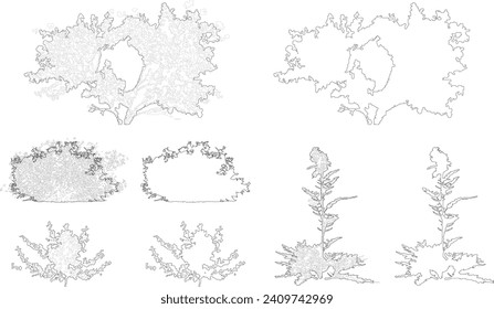 Plant elevation line silhouettes outline - grass, shrub, tree