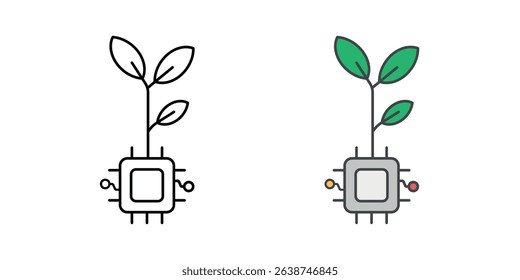 Plant with embedded microchip icon symbolizing biotech and AI integration in agriculture, shown in both outline and color styles.