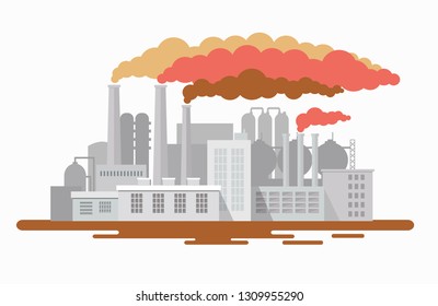 The plant emits smoke and smog from the pipes, pollutants enter the atmosphere. Environmental disaster. Harmful emissions. Exhaust gases. 