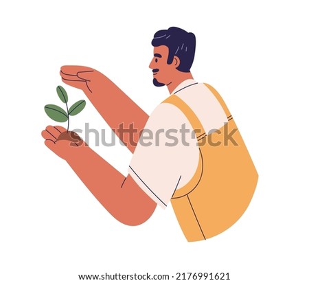 Plant and environment care concept. Man holding seedling, sprout with green leaf and soil in hand. Person growing vegetation in ground. Flat graphic vector illustration isolated on white background