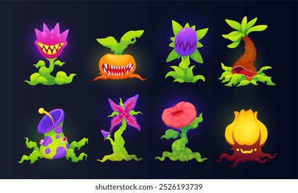 Planta maligna. Flor de Halloween. Fauna de fantasía. Naturaleza mágica. Florecer hambriento. Dientes botánicos. Trampa botánica carnívora. Juego de dibujos animados de bosque de hadas. Hongos tóxicos extraterrestres. Conjunto de Vector de personajes de jardín de monstruos