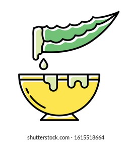Plant extract color icon. Cut medicinal herb thorn with bowl. Sliced aloe vera leaf with jar. Organic plant based liquid. Dermatology and healthy skincare. Isolated vector illustration