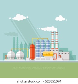 Plant for the extraction and processing of oil and gas. storage in tanks and barrels. Vector flat style