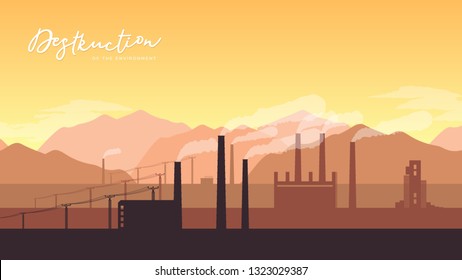 Plant or Factory Building vector. Industrial  in flat style illustration. Manufacturing landscape concept. Eco style pollution land page  