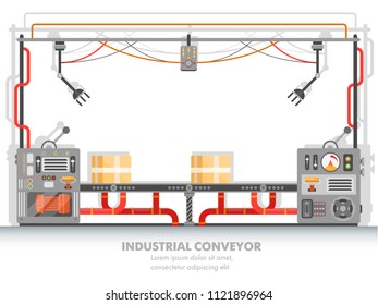 Plant or factory conveyor line. Robot system at assembly or modern manufacturing belt with robotic arms. Production of pack or boxes, cardboard. Automation and technology theme