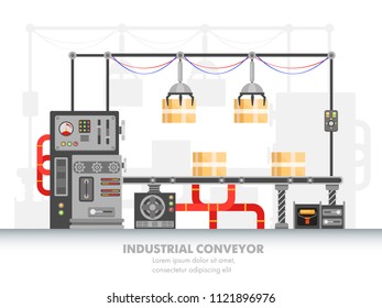 Plant or factory conveyor line. Robot system at assembly or modern manufacturing belt with robotic arms. Production of pack or boxes, cardboard. Automation and technology theme