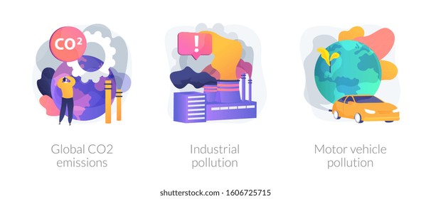 Plant And Factory Harm. Toxic Chemical Industry. Car Smoke. Global CO2 Emissions, Industrial Pollution, Motor Vehicle Pollution Metaphors. Vector Isolated Concept Metaphor Illustrations