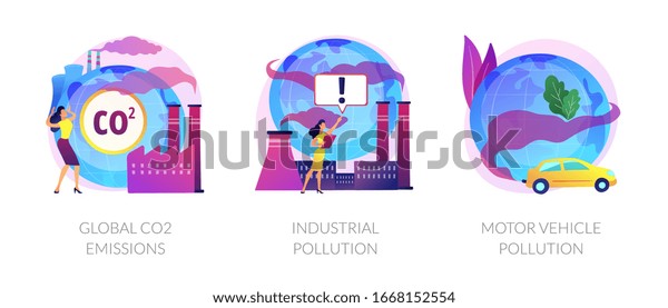 Plant and\
factory harm. Toxic chemical industry. Car smoke. Global CO2\
emissions, industrial pollution, motor vehicle pollution metaphors.\
Vector isolated concept metaphor\
illustrations