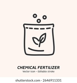 Fertilizante vegetal. Fertilizante em solo fértil, saco de fertilizante, agricultura e conjunto de ícone agricultura. Conceito de saco de fertilizante e espalhador, vegetal, vetor composto ícone de contorno plano. Traçado editável
