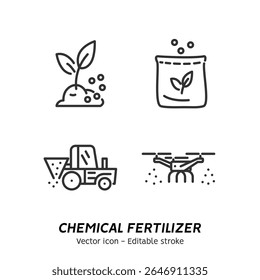 Fertilizante vegetal. Fertilizante em solo fértil, teste de pH do solo, agricultura e conjunto de ícones da agricultura. Coleção de saco de fertilizante e espalhador, vegetal, vetor de compostagem ícones de contorno plano. Traçado editável