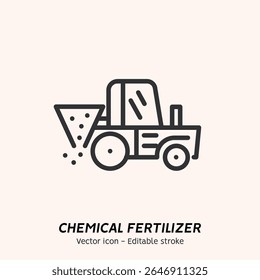 Fertilizante vegetal. Fertilizante em solo fértil, trator, agricultura e conjunto de ícones agricultura. Conecte de saco de fertilizante e espalhador, vegetal, vetor composto ícone de contorno plano. Traçado editável