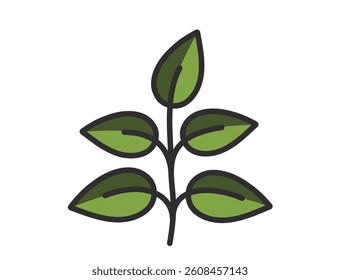 Plant with five leaves illustration in green colors. Spring, planting and nature design element. Isolated vector image