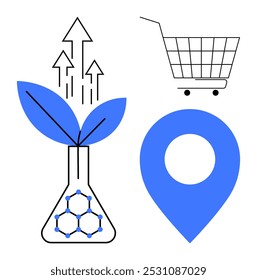 A plant in a flask with growth arrows, a shopping cart, and a location pin. Ideal for biotechnology, science, e-commerce, navigation, and sustainability themes. Modern, minimalist, clean