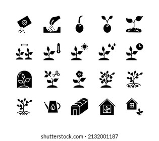 Plant flat line icons set. Spring season, growing plant shoots, Agriculture and  Gardening. Simple flat vector illustration for web site or mobile app.