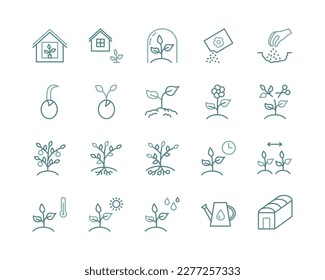 Plant flat line icons set. Spring season, growing plant shoots, Agriculture and Gardening. Simple flat vector illustration for web site or mobile app