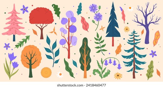 Plant flat simple style drawing. Tree leaf, leaf and flowers, trunk park, graphic flower minimal art decor element, autumn floral fantasy forest, abstract element summer and spring vector illustration