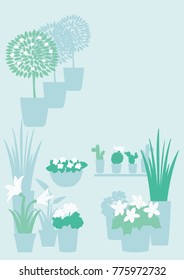 plant flower garden store with plants, flowers, cactus, trees and potted home flowers. Broсhure, cover design, flyer A4