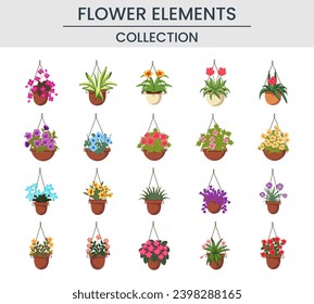 Plant and Flower hanging pots vector illustration flat icon set on white background. Contains like home decor with houseplant, blossom plant, floral, wildflower, botanical, macrame flower pots.